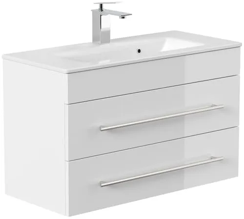 Badmöbel Mars 800 SlimLine SoftClose weiss hochglanz - Waschbecken mit SoftClose-Technologie für leises Schließen, hochwertiges deutsches Qualitätsprodukt direkt ab Werk, ideal für modernes Baddesign.