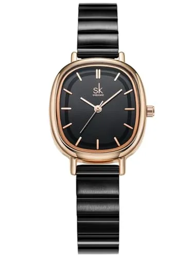 Alienwork Armbanduhr Damen Roségold Edelstahl Metallarmband Schwarz Ultra-flach Elegant