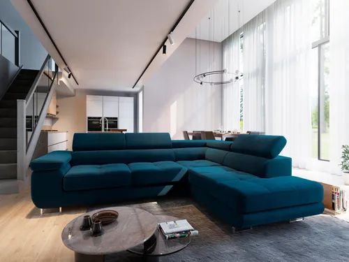 Masseno Ecksofa SELVA R-S mit Schlaffunktion - Ecksofa mit Bettkasten und verstellbaren Kopfstützen, ideal für Komfort und Stil in Ihrem Wohnzimmer. Multifunktional für Gäste und elegantes Design in Blau.