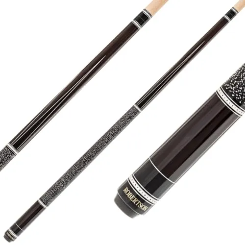 Robertson Pool Billard Queue Modell R-1, 2 teiliger Billardqueue mit Leinengriffband, Cue Länge 147 cm, 13 mm Profi Klebeleder, Edelstahl Schnellverschluss, Ahornholz, schwarz, inkl Gewindeschutz