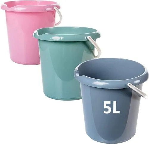 Eimer mit Henkel 3er Set 5 Liter in Dunkelgrau, Rosa, Retrogrün – Vielseitig Einsetzbarer Putzeimer, Wassereimer mit Ausguss, Lebensmittelecht Stabiler Kunststoff, Made in EU