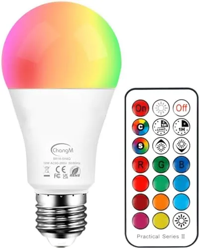 ChangM RGBW LED Lampen, 10W E27 Farbige Licht Leuchtmit RGB LED Leuchtmittel Dimmbar mit Fernbedienung, Farbwechsel Lampen LED Birnenmit 12 Farben+ Warmweiß