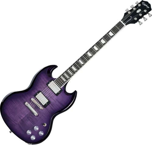 Epiphone SG Modern Figured Purple Burst - Gitarren mit AAA Riegelahorn-Deckel und Mahagoni-Korpus, ausgestattet mit ProBucker-Tonabnehmern für kraftvollen Sound, inklusive Premium Gigbag für optimalen Schutz.