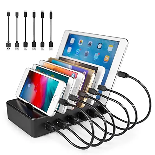 TechDot Handy USB Ladestation für Mehrere Geräte - 6 Port Multi-Ladestation für Handys, Smartphones, Tablets (Mit 6 Kurze Kabel, Schwarz)