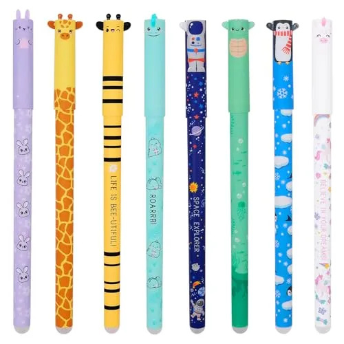 Mritrit 8 Farben Löschbare Stifte, Niedliche Radierstifte mit Tiermotiven 0.5mm Spitze, Gel-Tintenroller Stift mit Thermosensitivem für Weihnachten, Geburtstag, Liebhaber von Büroartikeln