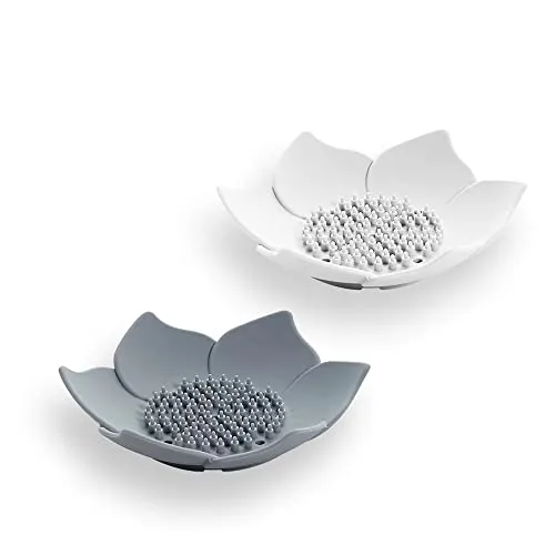 Cawein Blütenblatt-Seifenschale mit Abfluss 2 Stück, Badregal aus Kunststoff (weiß und grau)