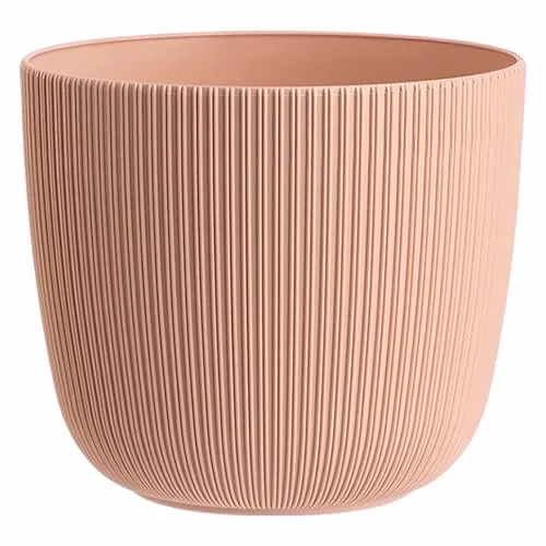 Engelland - 1 x Blumentopf mit Drainagesystem, Apricot/Aprikose, Rillenoptik, Pflanz-Topf, Kübel, modern, widerstandsfähig, rund, wetterfest, Kunststoff, Ø 34 cm, 20 Liter