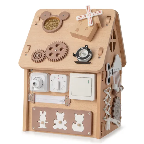 GOPLUS Spielhaus Kinder, Spielzeughaus aus Holz mit 23 Zubehör & Stauraum, Montessori Spielzeug zur Förderung der Feinmotorik, Großer Motorikspielzeug für Kinder ab 3 Jahre, 31 x 30 x 42cm