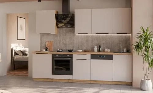 Küche SOLANO BASIC 280 Küchenzeile - Küchenzeilen mit modernem Design in Kaschmir beige und Eiche Artisan, bietet viel Stauraum und ist ideal für kleine bis mittelgroße Küchen.