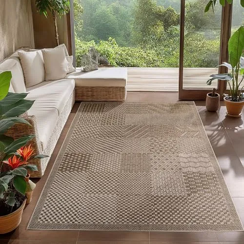 Carpetsale24 In- & Outdoor Teppich Beige 200x290 cm Läufer, Wetterfest & UV-beständig, Ideal für Küche, Balkon, Terrasse, Wohnzimmer und Esszimmer, Karo-Design im Boho-Stil