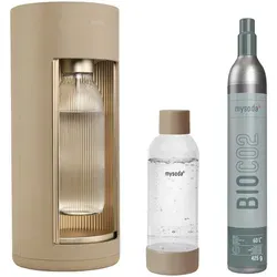 mysoda Wassersprudler Glassy Latte - Wassersprudler für frisches Sprudelwasser ohne Strom, inkl. Glas- und Kunststoffflasche, elegantes Design in Greige, ideal für die Küche