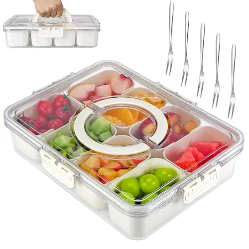Farerkass Snackbox mit 8 Fächern, Snackteller mit Deckel und Griff, Tragbar Snackbox Organizer für Süßigkeiten Gemüse Nüsse Obst, für Party Picknick Trips