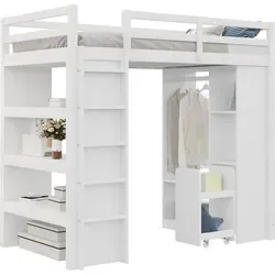 Kinderhochbett mit Stauraum und Regalen in Weiß - Praktisches Hochbett für Kinder und Jugendliche aus robustem Massivholz. Mit Stauraum unter dem Bett, einfachen Kleiderbügeln und abnehmbarem Rollwagen. Ideal für eine platzsparende und ordentliche Einrichtung im Kinderzimmer.