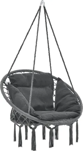 Hängesessel mit Kissen Dunkelgrau - Entspannungsort für drinnen und draußen - Genießen Sie entspannte Momente in diesem Hängesessel für bis zu 150 kg. Mit gemütlichem Kissen und dekorativen Fransen ist er ideal für die Befestigung in Wohnräumen oder im Freien. Ein stilvolles Highlight für Ihr Zuhause!