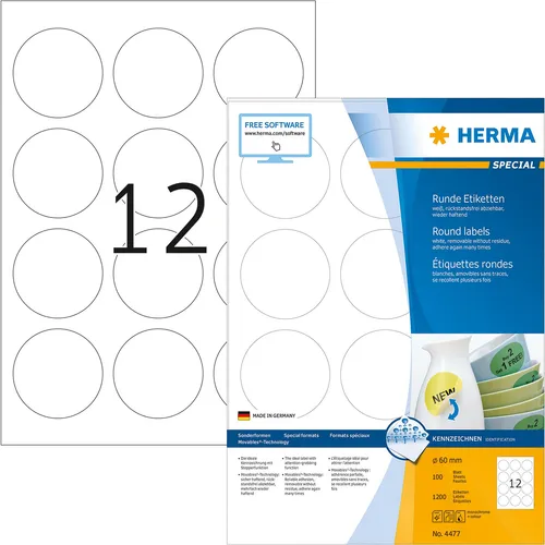 HERMA Etiketten 4477 - 1.200 Stück, 60x60 mm - Etiketten für vielseitige Beschriftung, selbstklebend und einfach bedruckbar mit Kopierern oder InkJet. Ideal für Ordnung und Struktur in Ihrem Büro!