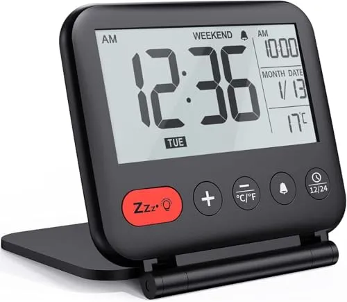 Fishtec Reisewecker Mini Digitaluhr LCD tragbar mit Kalender Hintergrundbeleuchtung 12/24H – Temperaturfunktion – Schminkspiegel – kleine Schreibtischuhr faltbar batteriebetrieben