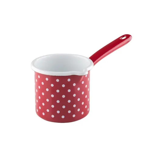 Riess Milchtopf Pünktchen Rot 0.75 L - Hochwertiger Milchtopf aus emailliertem Metall, kratzfest und hitzebeständig bis 400°C. Ideal für sicheres Kochen und ein ansprechendes Design mit rot-weißen Punkten.