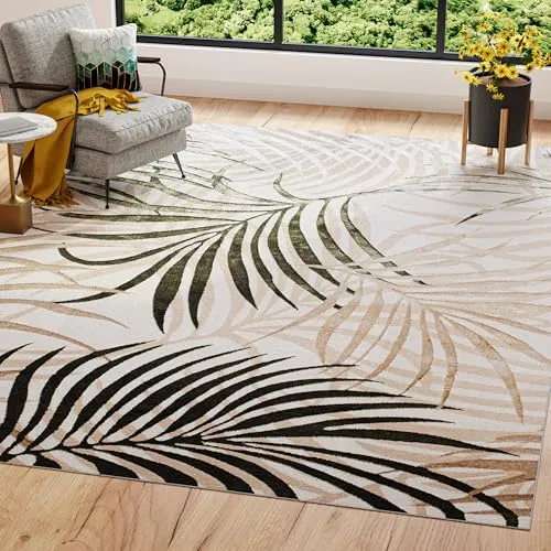 TAPISO Golden Teppich Wohnzimmer Kurzflor Schlafzimmer Luxuriös Creme Beige Grün Blätter Meliert Verwischt Modern Design ÖKOTEX 80 x 150 cm