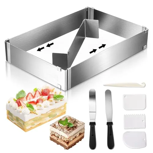 AiQInu Backrahmen Rechteckig Verstellbar, Backrahmen Eckig Verstellbar, Tortenring Eckig, Backblech mit Teiler und Spatel für Kuchen Torten Pizza (18.5x27.5 bis 34x52.5cm)