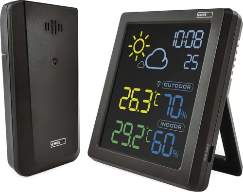 EMOS Funk Wetterstation mit VA-Farbdisplay und drahtlosem Außensensor, Wettervorhersage, Uhr, Wecker, Comfort View, 1,5m USB Kabel, schwarz, E8647N