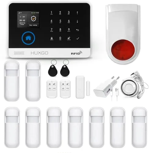 HUXGO HXA003 Funk Alarmanlage WiFi + GSM Modul mit 9X Bewegungssensoren und Funksirene - Alarmanlage Wohnung Garage - Funk Bewegungsmelder mit Empfänger