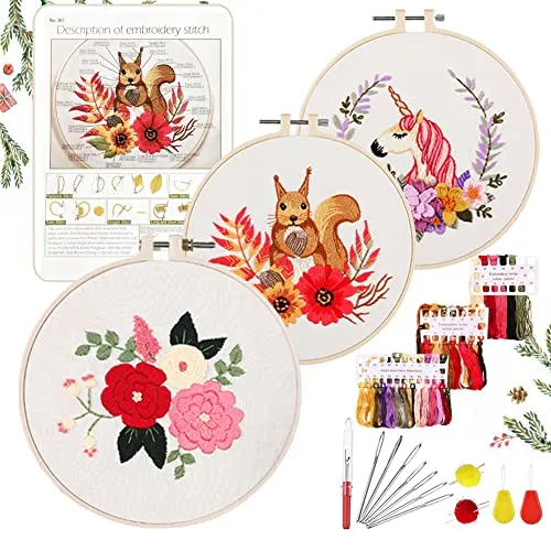 YINVA Anfänger Stickerei Set Stickerei Set, Blumenmuster Pflanzen Kreuzstich-Kit Starter Tools Kit mit 3 Stück Kunststoff-Stickrahmen, für DIY Kunst, Handwerk, Nähen