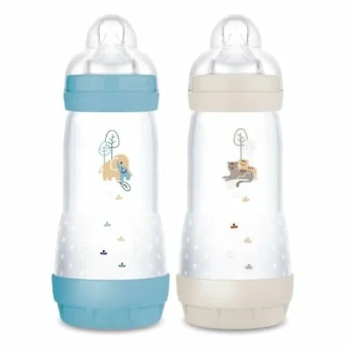 MAM Easy Start Anti-Colic Babyflasche, 4+ Monate, schneller Durchfluss (2 x 320 ml) Ocean + Sand – Flasche zur Reduzierung von Koliken und Beschwerden des Babys – Babyflasche zum Stillen geeignet
