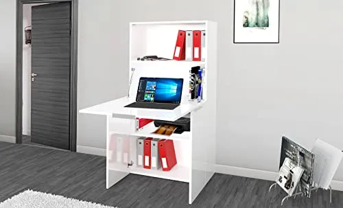 möbelando Sekretär Desenzano II - Moderner Computertisch für Ihr Büro - Schreibtisch mit großzügiger Arbeitsplatte und viel Stauraum. In strahlendem Weiß Hochglanz, leicht aufzubauen und ideal für ein strukturiertes Arbeiten.