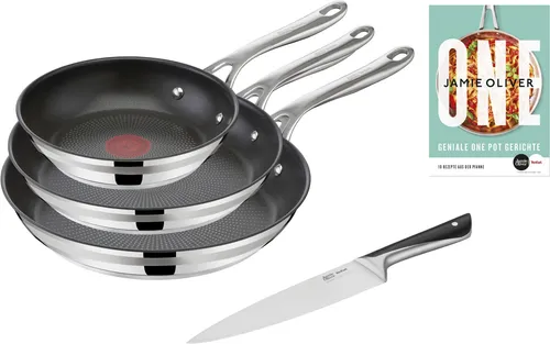TEFAL Jamie Oliver Cook Smart Pfannen-Set, 3-teilig, Edelstahl - Hochwertiges 3-teiliges Pfannen-Set aus Edelstahl für gleichmäßige Bratergebnisse. Inklusive Kochmesser und Rezeptbuch für kreative Kochideen. Ideal für alle Herdarten und spülmaschinengeeignet!