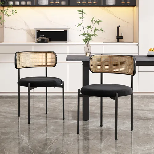 Flieks Rattanstuhl Esszimmerstühle 2er Set mit Metallbeinen – Schwarz