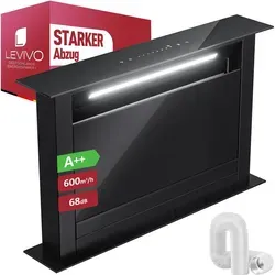 LEVIVO Downdraft Dunstabzugshaube 60cm Umluft & Abluft mit 600 m3/h Luftleistung, versenkbare Abzugshaube mit 2 Aktivkohlefiltern, 2 Fettfilter - Schwarz