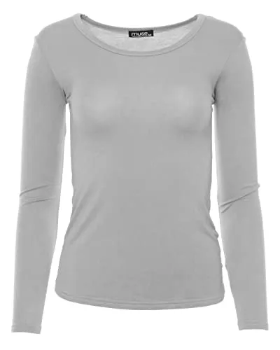 Easy Young Fashion - Damen Basic Rundhals Shirt - Langarm Unterziehshirt - Skinny Fit 1093 - Hellgrau S
