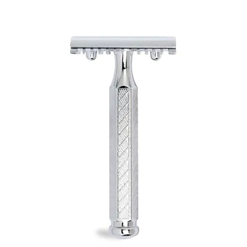 MERKUR Rasierhobel 41C | Klassiker mit Hexagonalgriff Glanzchrom | Dreiteiliger Rasierer mit geradem Schnitt | Offener Kamm | Ideal für Nassrasur | Zinkdruckguss | Messing Griffstück | Made in Germany