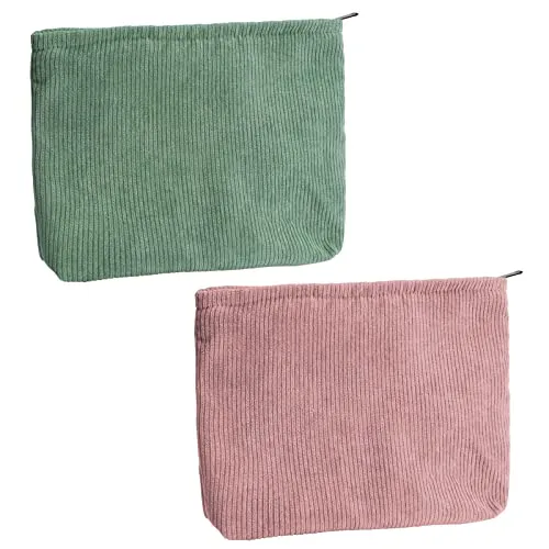 Kleine Kosmetiktasche 2 Stück Cord Stoff Kulturtasche mit Reißverschluss, Tragbare Reise Schminktasche für Mädchen Damen, Rosa Grün Kulturbeutel für Kosmetik Handtasche (25 x 18 x 5cm)