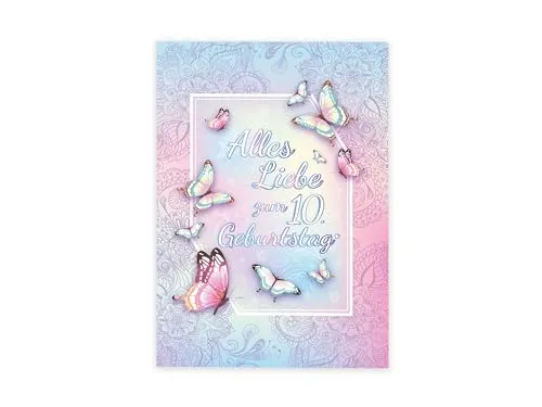 XXL A4 Glückwunschkarte zum 10. Geburtstag Geburtstagskarte Grußkarte Happy Birthday Mädchen Mädels Schmetterlinge Blumen Elegant große Klappkarte Gratulazionskarte