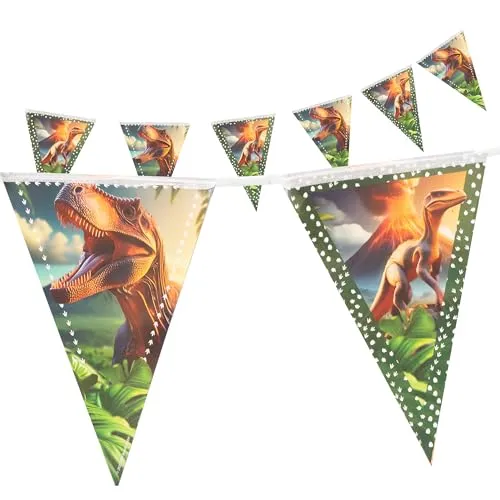 Party Factory Wimpelkette Geburtstag Dino Realistisch, 4-5 Meter, Grün Braun, Geburtstagsdeko, Girlande als Deko für Kindergeburtstag und Mottoparty