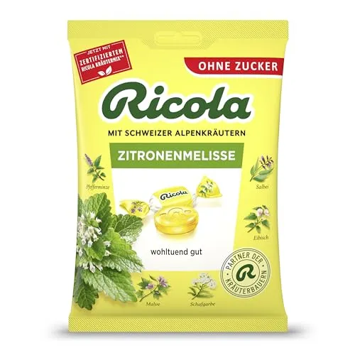 Ricola Zitronenmelisse, 75g Beutel Original Schweizer Kräuter-Bonbons mit 13 Alpenkräutern & erfrischendem Zitronen-Geschmack, zuckerfrei, 1 x 75g, vegan