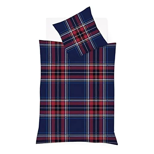 Traumschlaf Feinbiber Bettwäsche Aspen Karo Navy rot - Bettwäsche-Set aus 100% Baumwolle mit praktischem Reißverschluss, temperaturausgleichend und ideal für den Winter, pflegeleicht und trocknergeeignet.