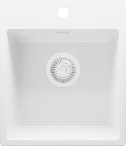 PRIMAGRAN Spülbecken Alles Weiß 38x44cm, Granitspüle 1 Becken + Ablauf-Set, Küchenspüle ab 40er Unterschrank - Riga Easy S008