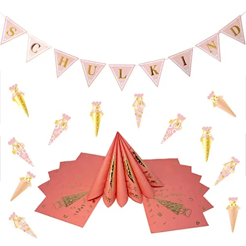 Oblique Unique Einschulung Deko Set Mädchen – Schulkind Girlande Rosa Gold + 20 Servietten mit Motiven + Zuckertüten Konfetti – Schuleinführung Schulanfang Party Dekoration