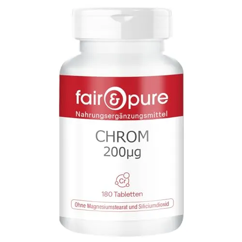 Fair & Pure Chrom Tabletten 200μg, 180 Stück, veganes Nahrungsergänzungsmittel ohne Zusätze, in Deutschland hergestellt
