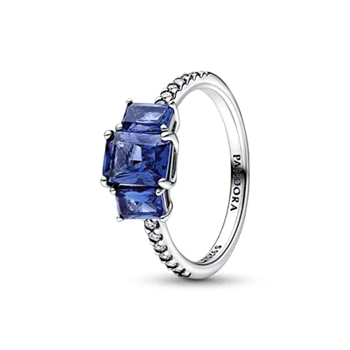 PANDORA Timeless Blauer Rechteckiger Funkelnder Drei-Stein-Ring in Sterling-Silber mit Cubic Zirkonia Timeless Collection, Größe 56, 192389C01-56