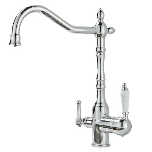 Küchenarmatur mit Filter 360° Schwenkbar Antik Vintage Küche Spültischarmatur Doppelgriff 1 Loch Küchenarmatur Trinkwasserhahn 3 in 1 Küche Mischbatterie mit Trinkgefiltertem Wasserauslass Chrom
