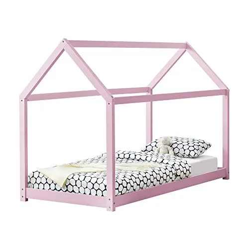 [en.casa] Kinderbett Netstal 90x200cm Rosa - Stilvolles Hausbett aus Kiefernholz - Betten - Stabiles Kinderbett in Haus-Optik aus Kiefernholz, ideal für einen gemütlichen Schlafplatz im Kinderzimmer. Leichte Montage und hübsches Design.