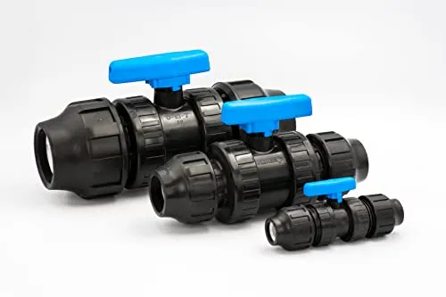 PE Rohr Kugelhahn 40 mm – Manuelles Kunststoffabsperrventil - Fittings: Hochwertiger Kunststoff-Kugelhahn mit DVGW-Zertifizierung, ideal für Trinkwasseranwendungen und einfache Installation durch Klemmverbinder.
