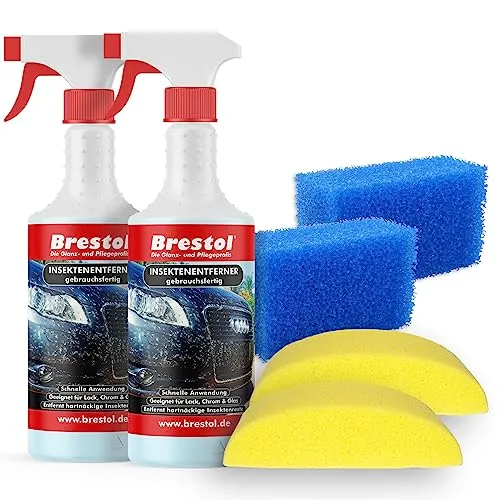 Brestol Insektenentferner Set2-2x 750 ml gebrauchsfertig, 2X Fahrzeugschwamm, 2X Insektenschwamm - Insektenlöser Polycarbonat geeigneter Vogelkotentferner Spezialreiniger alkalisch
