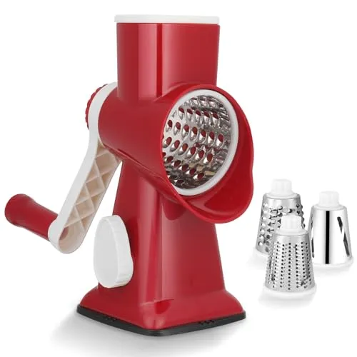 Dreamhigh Käsereibe mit Kurbel, Gemüseschneider 3 Edelstahl Austauschbaren Trommelklingen, Manuelle Trommelreibe, Gemüsehobel, Starke Saugwirkung, Ideal für Gurken, Käse Nüsse, Karotten usw, Rot