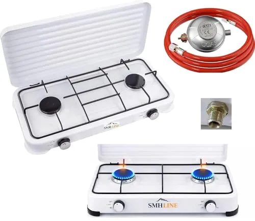 SMH LINE® Gaskocher Campingkocher 2 flammig inkl. Schlauch und Regler 50 mbar Gas Propangas 4,4 KW Kochfeld Camping Gasflasche Herd Outdoor Kocher Tischkocher XL