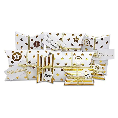 Frau WunderVoll® DIY Adventskalender zum Befüllen HoHoHo Metallic, matt weiß, Gold/Weihnachtskalender Bastelset Weihnachten,Schachteln,Kissenschachteln, Pillowbox, Kinder, Zahlen, Geschenkbeutel