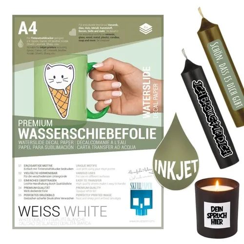 SKULLPAPER® Wasserschiebefolie WEISS für Tintenstrahldrucker - Wasserschiebefolie für brillante Farbwiedergabe auf dunklen Untergründen, ideal für Keramik, Glas und Kunststoff. Maximale Deckkraft und wasserfeste Ergebnisse durch Klarlack-Fixierung.